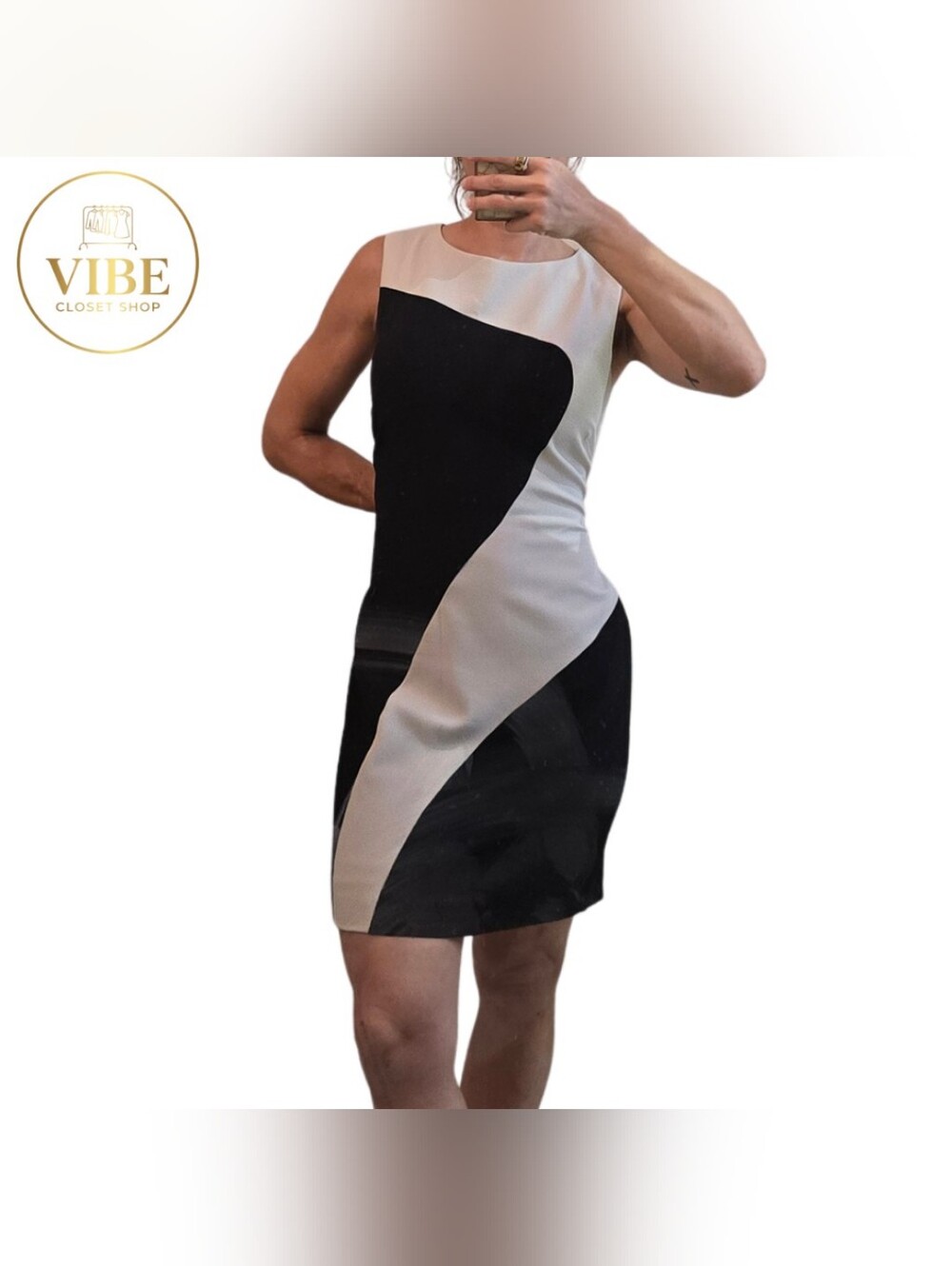 STUDIO I Sleeveless Black and Cream Colorblock Sheath Dress